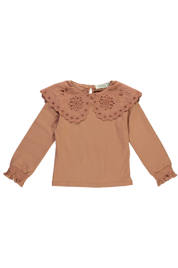 Tee with broderie collar Tawny Brown